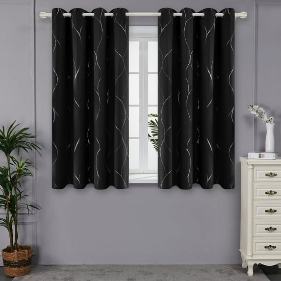 Deconovo Grommet Blackout Foil Wave Printed Room Darkening Curtains for Nursery 52W x 45L inch, 2 Panels, Black