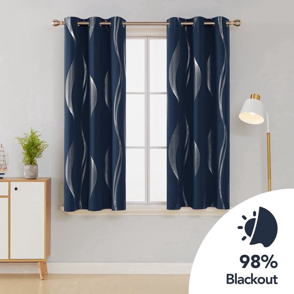 ZOPZO Wave Line Foil Printed Blackout Curtains, Navy Blue, 42W x 45L Inch, Thermal Insulated Room Darkening Drapes for Bedroom, Set of 2