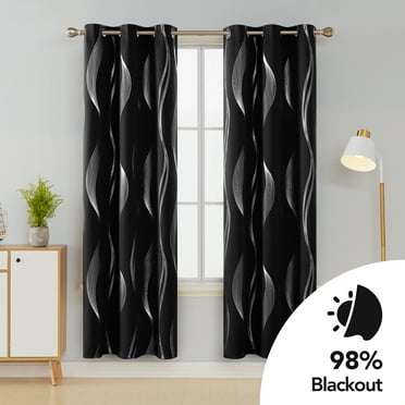 Deconovo Grommet Wave Line Foil Printed Thermal Insulated Blackout Curtains for Children 2 Panels 42z84 inch Black