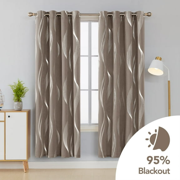 Deconovo Grommet Wave Line Foil Printed Thermal Insulated Blackout Curtains for Children 2 Panels 52x84 inch Khaki