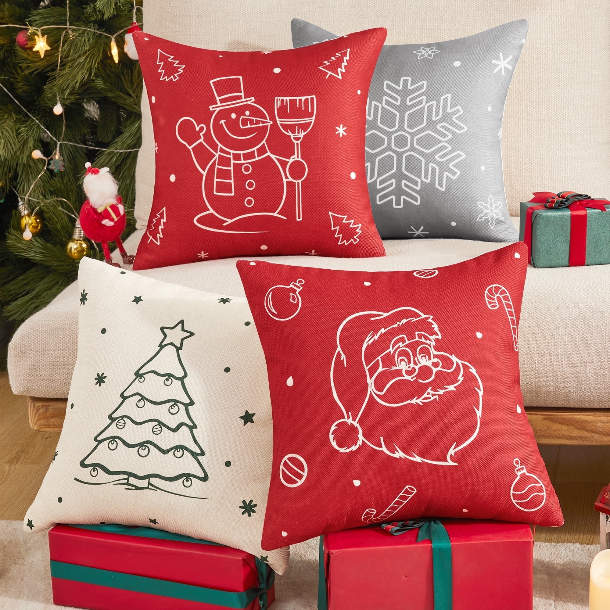 Red and Grey Christmas Polyester Pillow Covers Set of 4
