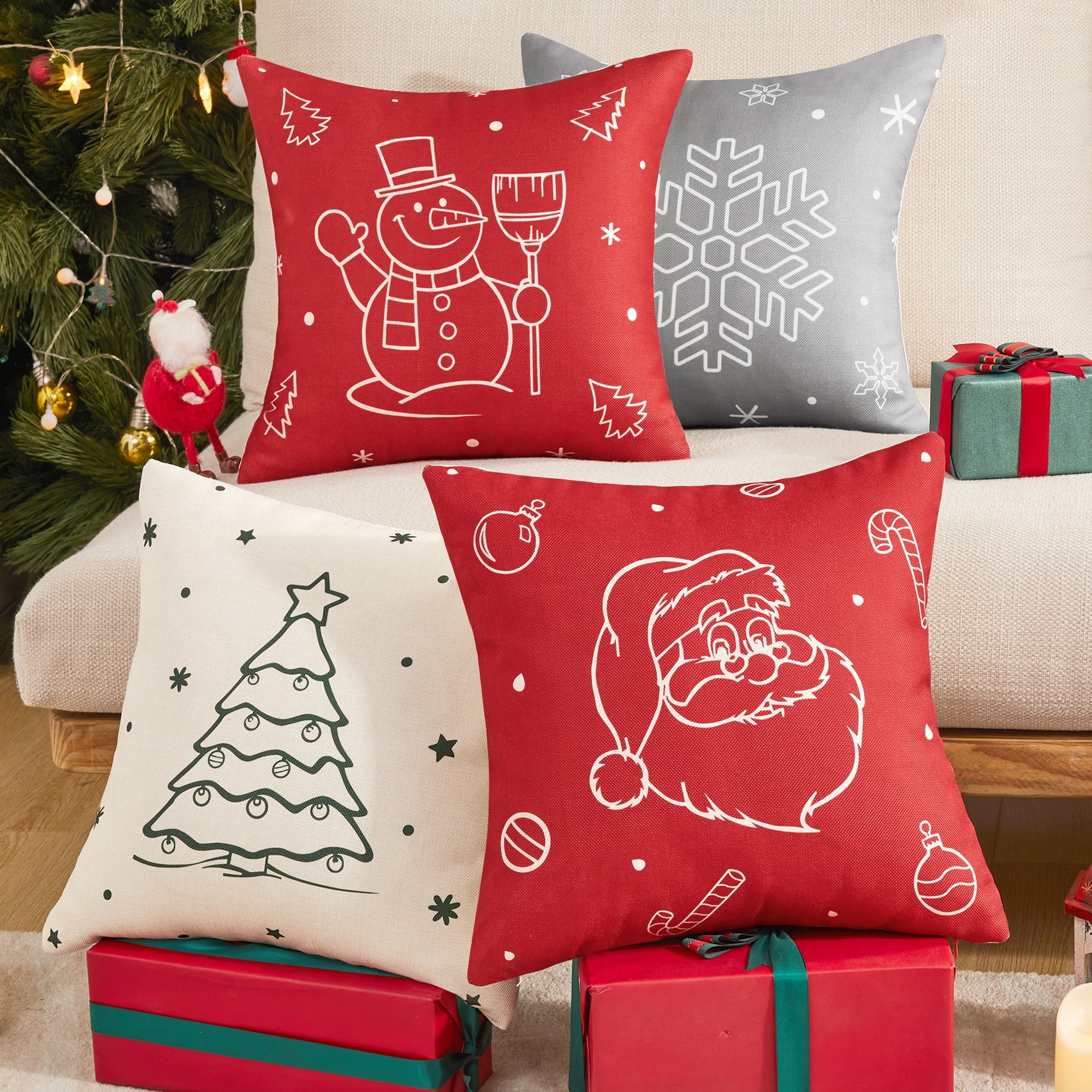 Red and Grey Christmas Polyester Pillow Covers Set of 4