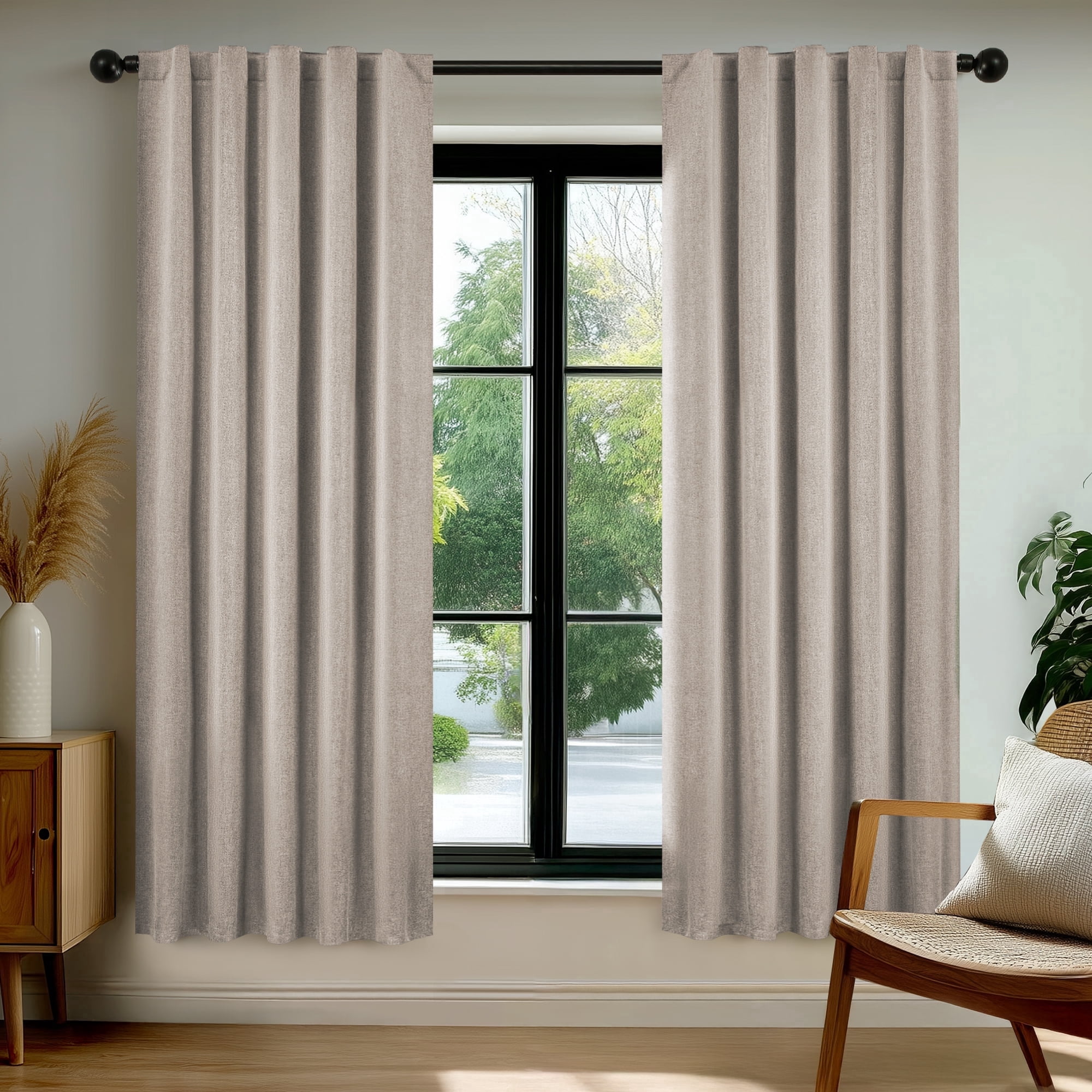 Deconovo 100% Blackout Linen Look Curtains for Living Room Bedroom, Soft Thermal Insulated Curtain Panels with Back Tab and Rod Pocket, Khaki, 38 x 63 Inch, 2 Panels