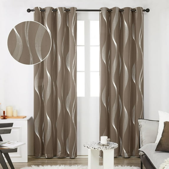 Deconovo Khaki Blackout Curtains for Small Windows, Thermal Insulated Grommet Curtains for Living Room,Silver Wave Pattern (52 x 54 inch, Khaki, 2 Panels)