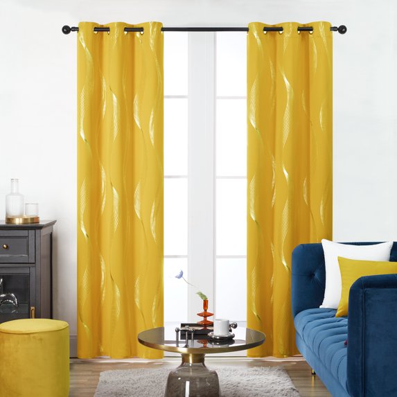 Deconovo Kitchen Curtains for Small Window, Silver Wave Foil Printed,Grommet Top Drapes (42 x 45 inch, Mellow Yellow, 2 Panels)