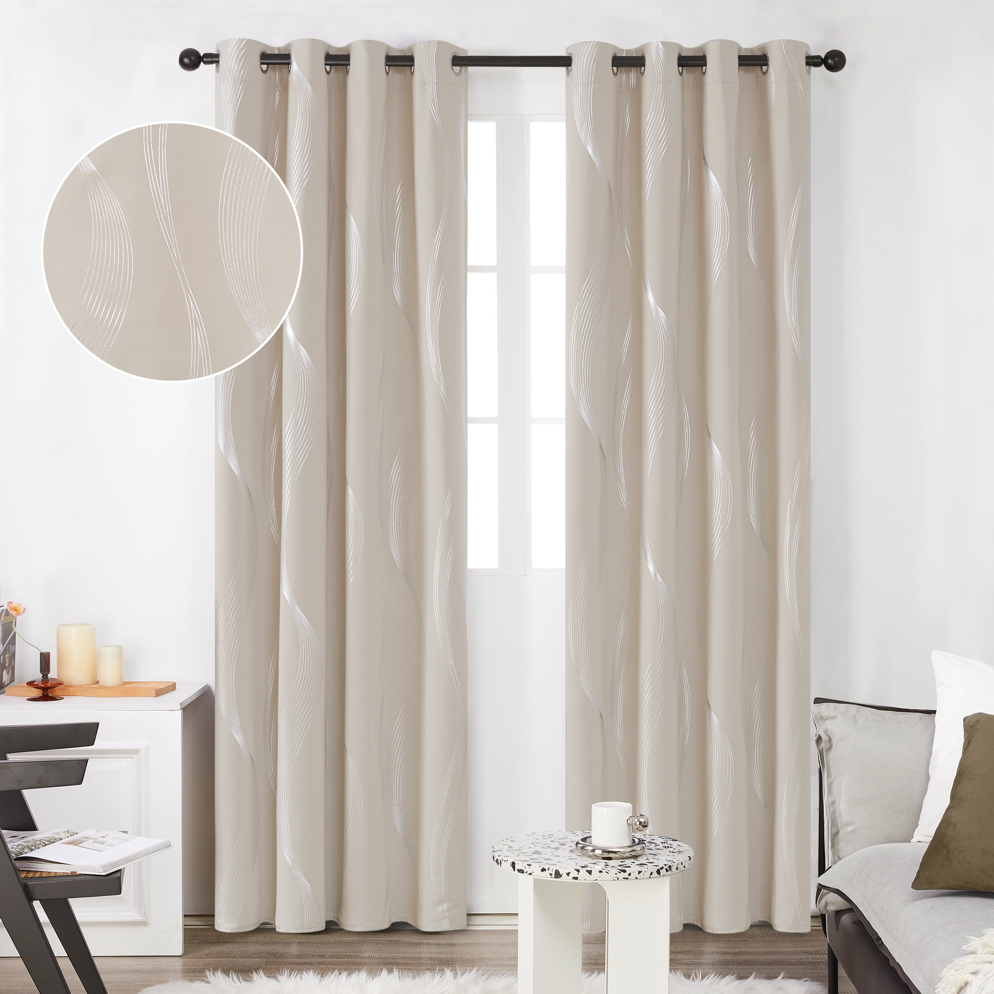 Airwill Thermal Blackout Curtains Set Of 2 – Damask Pattern, Grommet Top, 52x96 Inch, Beige, Blocks Sunlight & Noise For Living Room