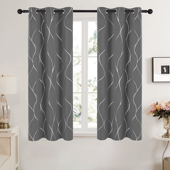 Deconovo Light Gray Blackout Curtains, Silver Wave Foil Printed for Bedroom, 42x 63 inch, Set of 2
