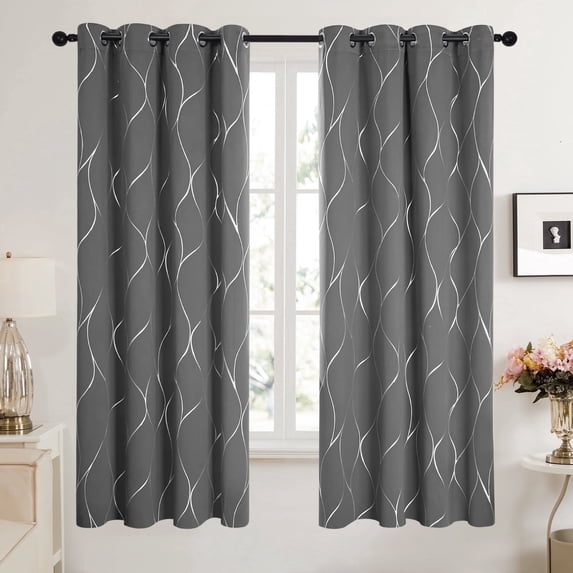 Deconovo Light Gray Grommet Blackout Curtains for Bedroom, 52"x72", 2 Panels, Silver Foil Wave Print