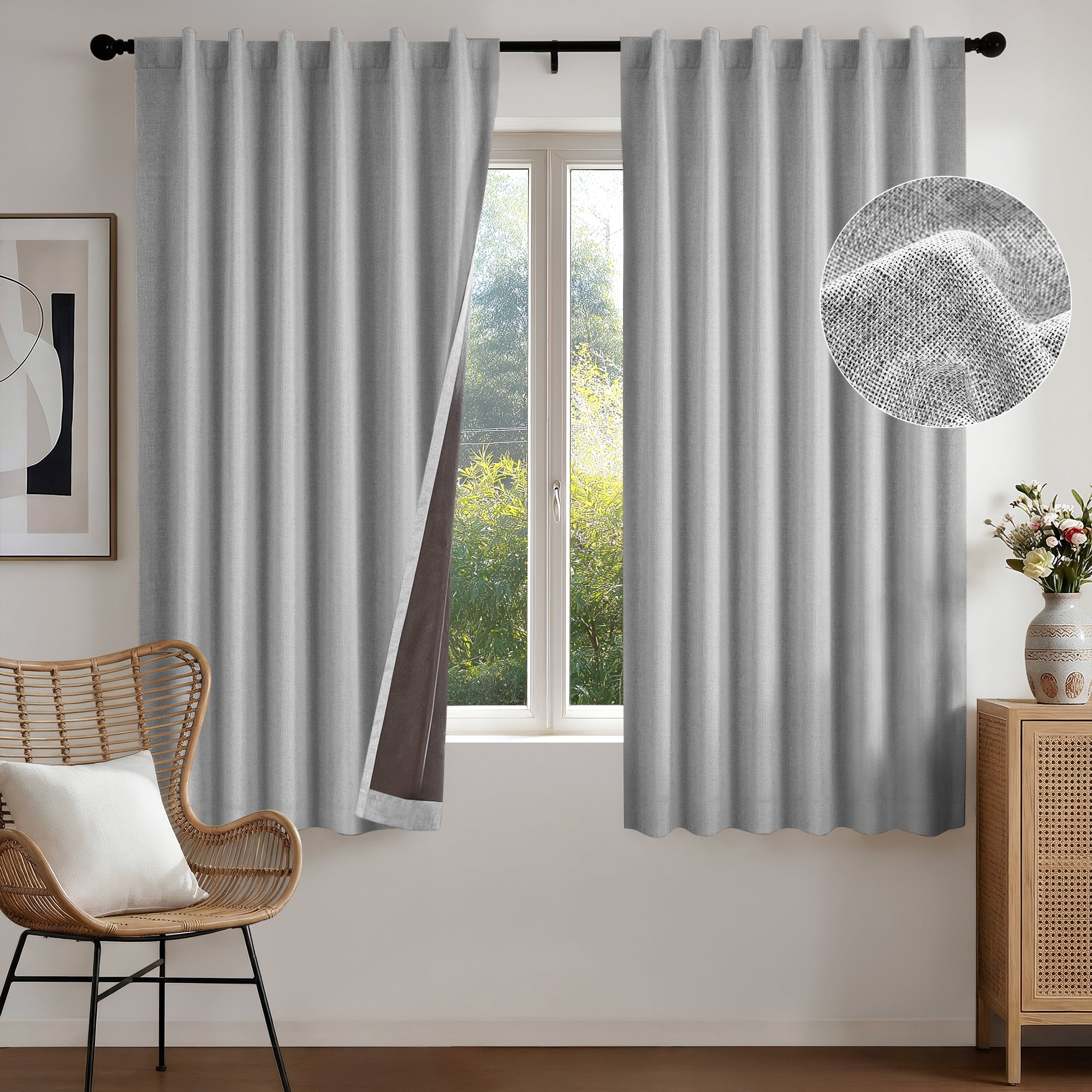 Deconovo Linen Look Blackout Curtains, 100% Light Blocking Thermal Insulated, Back Tab, Light Gray, 52" x 63", 2 Panels