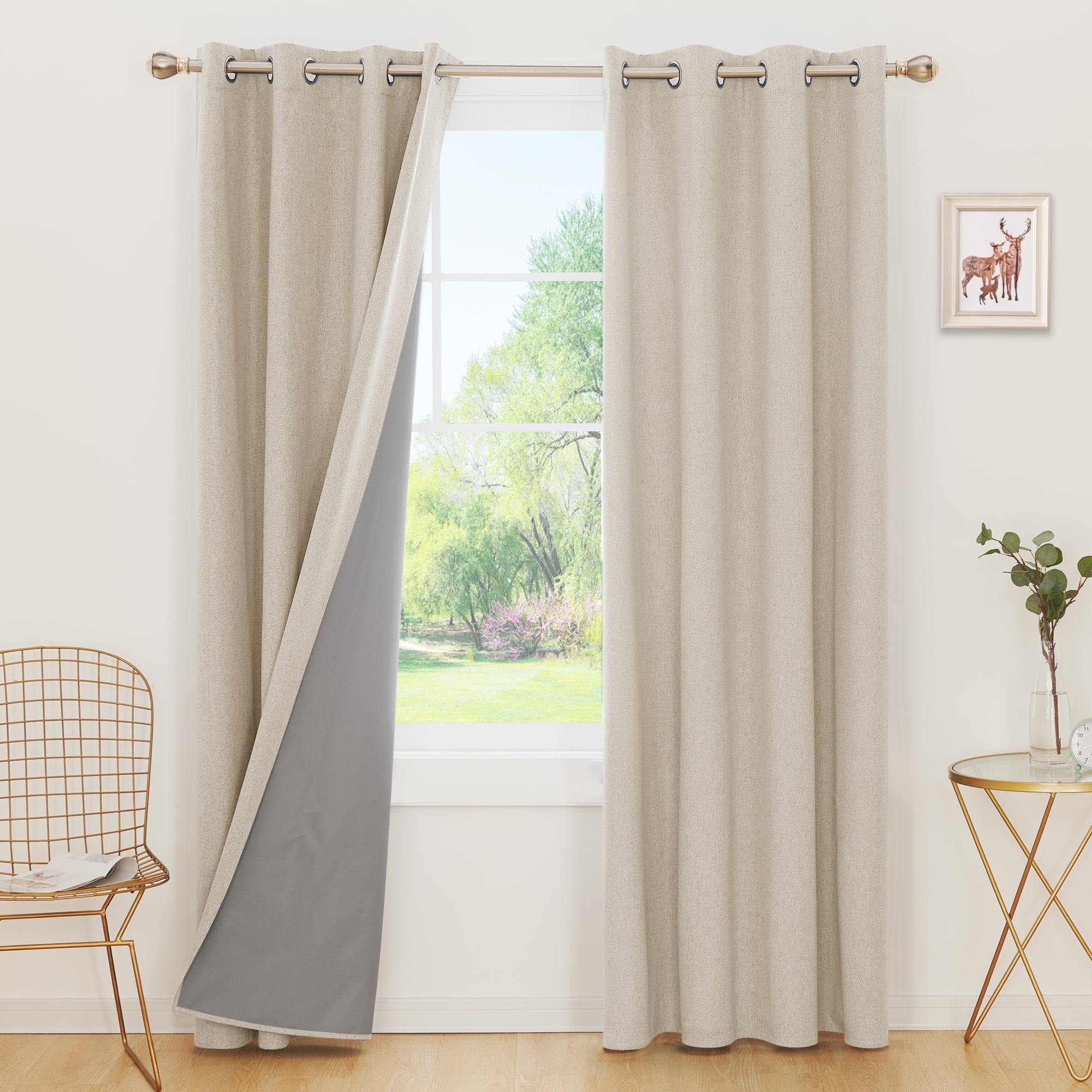 Deconovo Linen Look Total Blackout Curtains 108 inches Long, Grommet Burlap Drapes 2 Panels with Gray Coating (Flaxen, 52 x 108 inch, 2 Panels)
