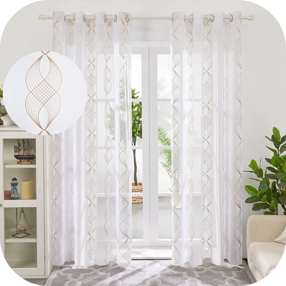 Deconovo Sheer Curtains for Bedroom Linen Window Curtain Panels with Grommet Top Spiral Ribbon Design 52 x 72 Inch 2 Panels