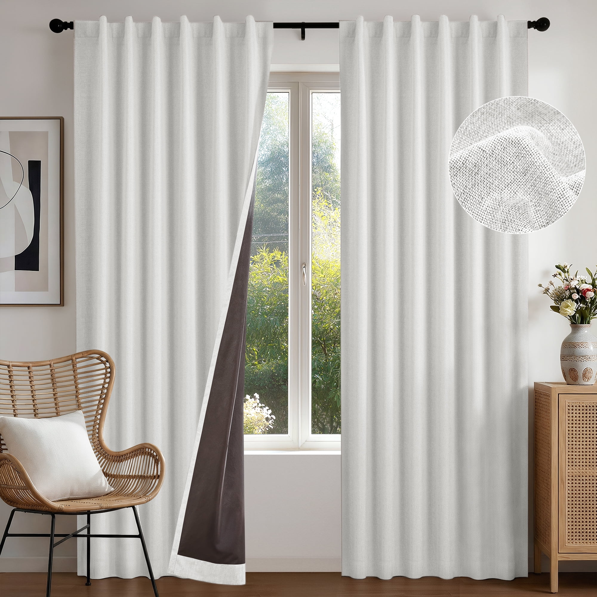 Deconovo Linen Textured 100% Blackout Drapes, Thermal Insulated Back Tab, 2 Panels, Cream, 52" x 84"