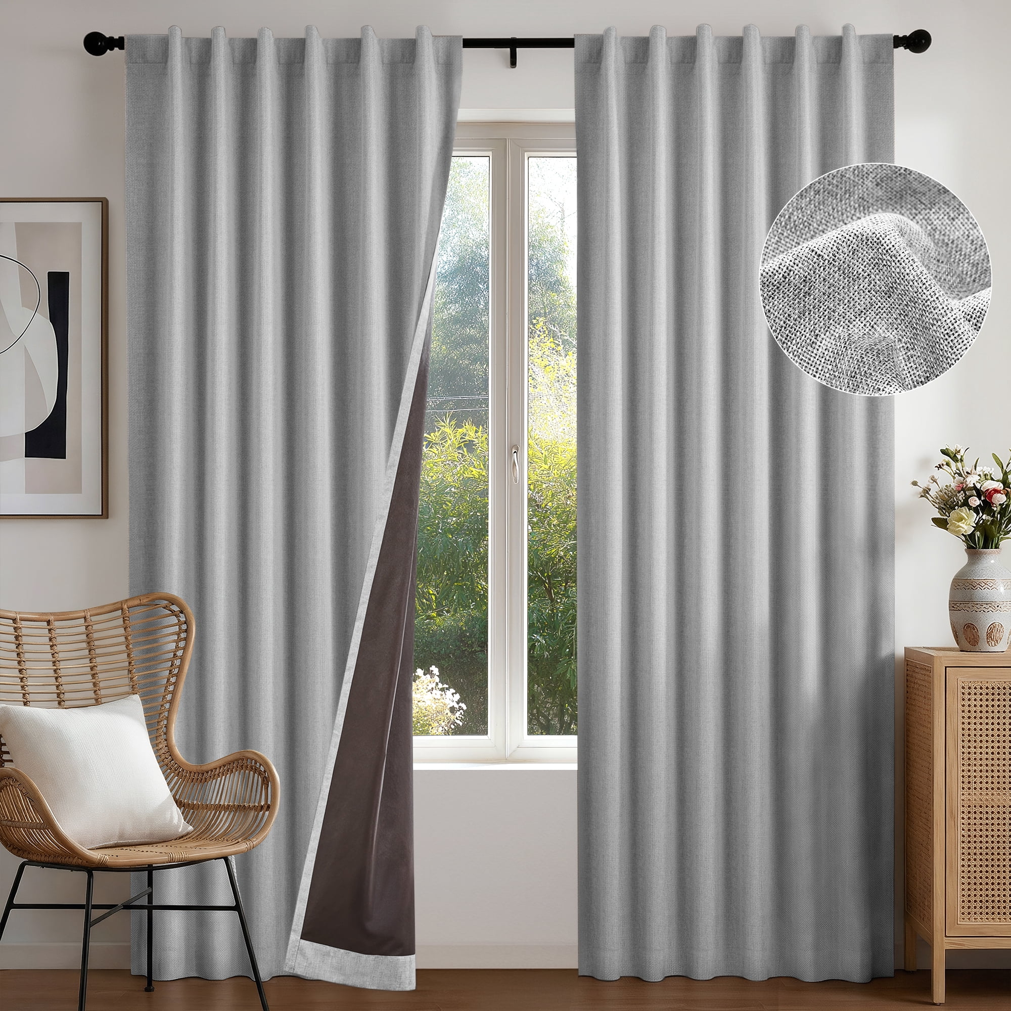 Deconovo Linen Textured 100% Blackout Drapes, Thermal Insulated Back Tab, 2 Panels, Light Gray, 52" x 84"