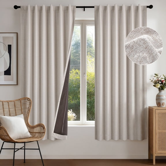 Deconovo Linen Textured Blackout Curtains, 100% Light Blocking, Back Tab, 2 Panels, Natural Linen, 52" x 84"