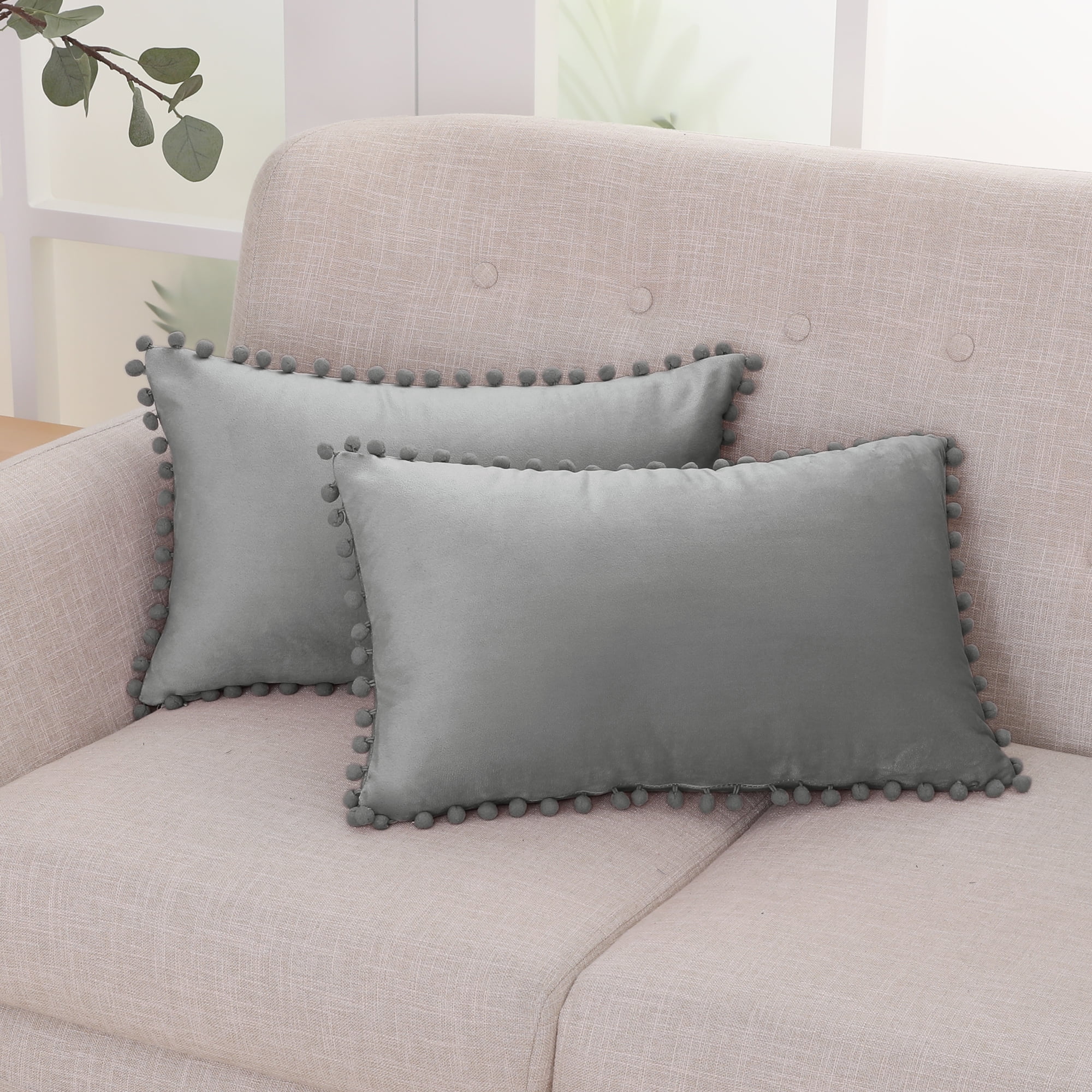 Deconovo Large Sofa Pillow Covers 24x24 Set Square Velvet Decorative Pom  Poms Throw Pillow Covers with Hidden Zipper for Beds, Sofa, Light Khaki,  Pack