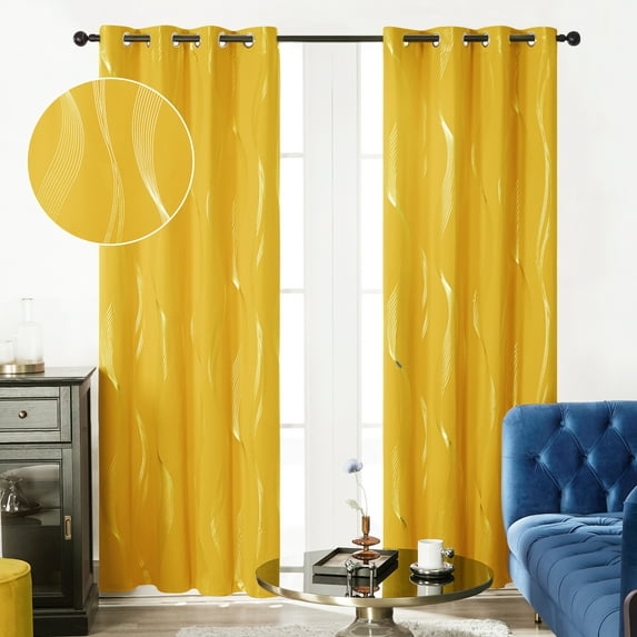 Deconovo Mellow Yellow Small Blackout Curtains for Kitchen, Thermal Insulated Grommet Curtains,Silver Wave Printed (52 x 54 inch, Mellow Yellow, 2 Panels)