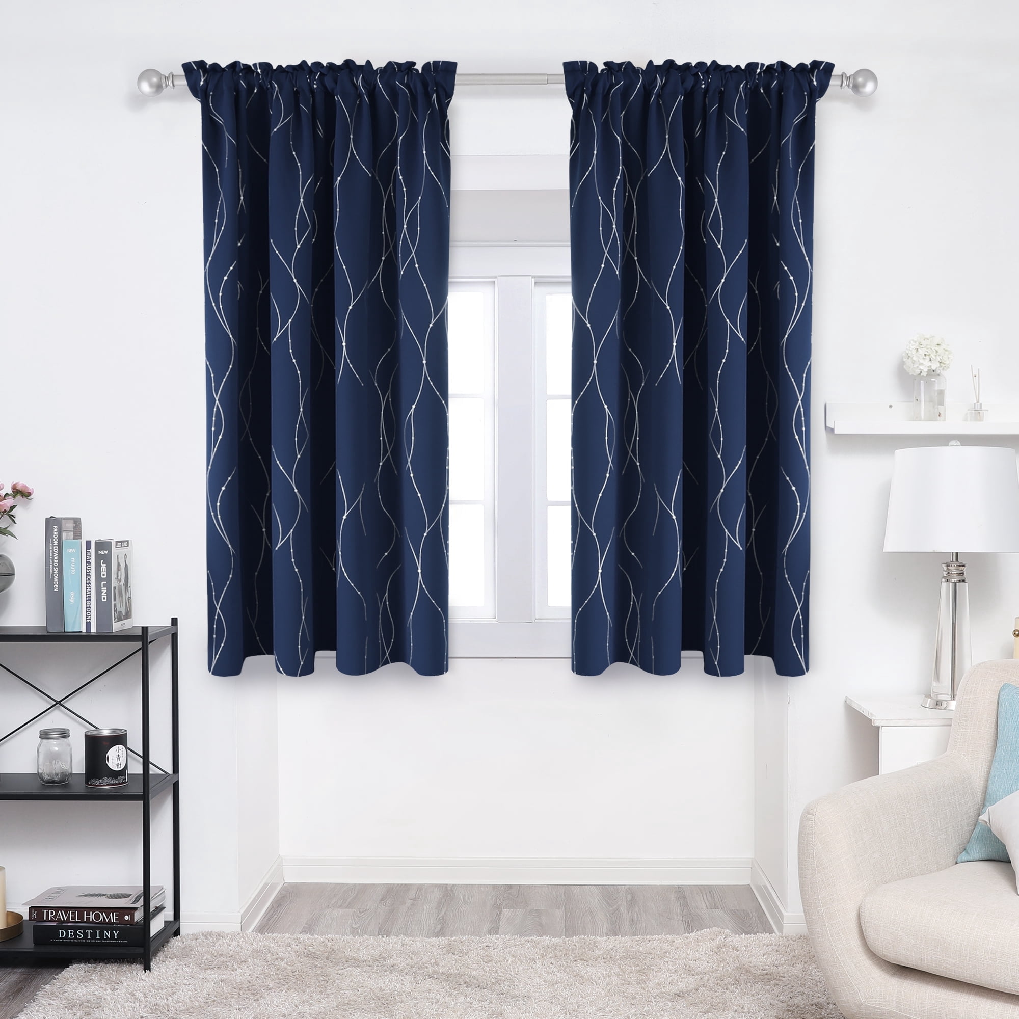 Deconovo Navy Blue 42 x 63 inch Blackout Curtains Wave Line Foil Printed Drapes for Bedoom, 2 Panels