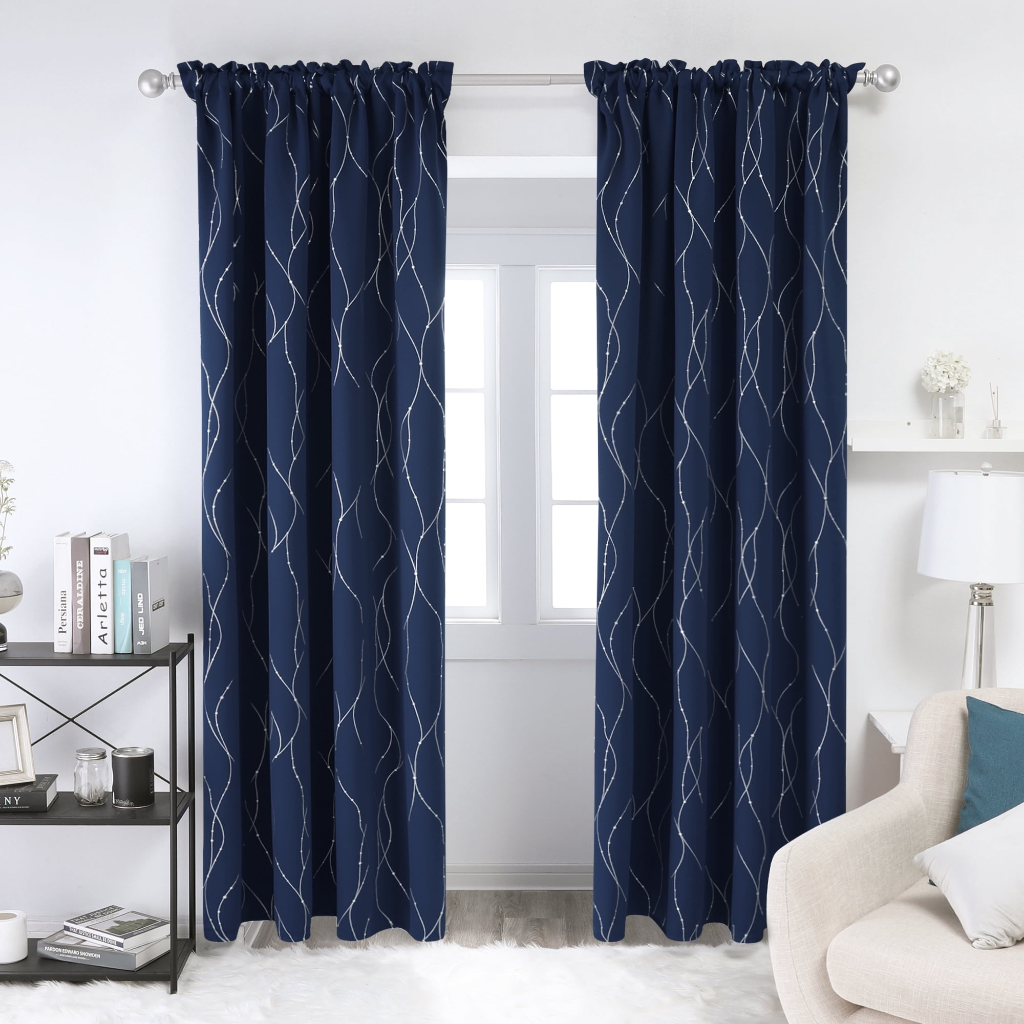 Deconovo Navy Blue 42 x 84 inch Blackout Curtains Wave Line Foil Printed Drapes for Bedoom, 2 Panels