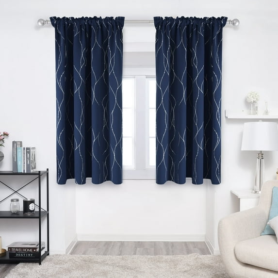 Deconovo Navy Blue 52 x 63 inch Blackout Curtains Wave Line Foil Printed Drapes for Bedoom, 2 Panels