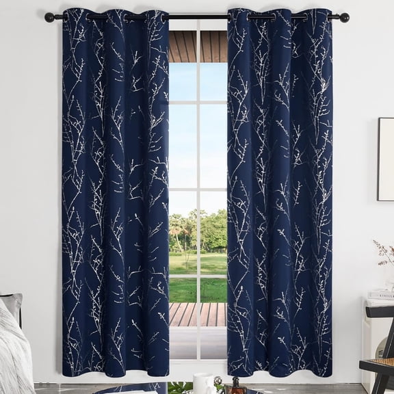 ZOPZO Blackout Curtains, Thermal Insulated, Navy Blue, 42W x 84L Inch, Room Darkening Drapes Tree Branches Pattern for Bedroom Modern Home