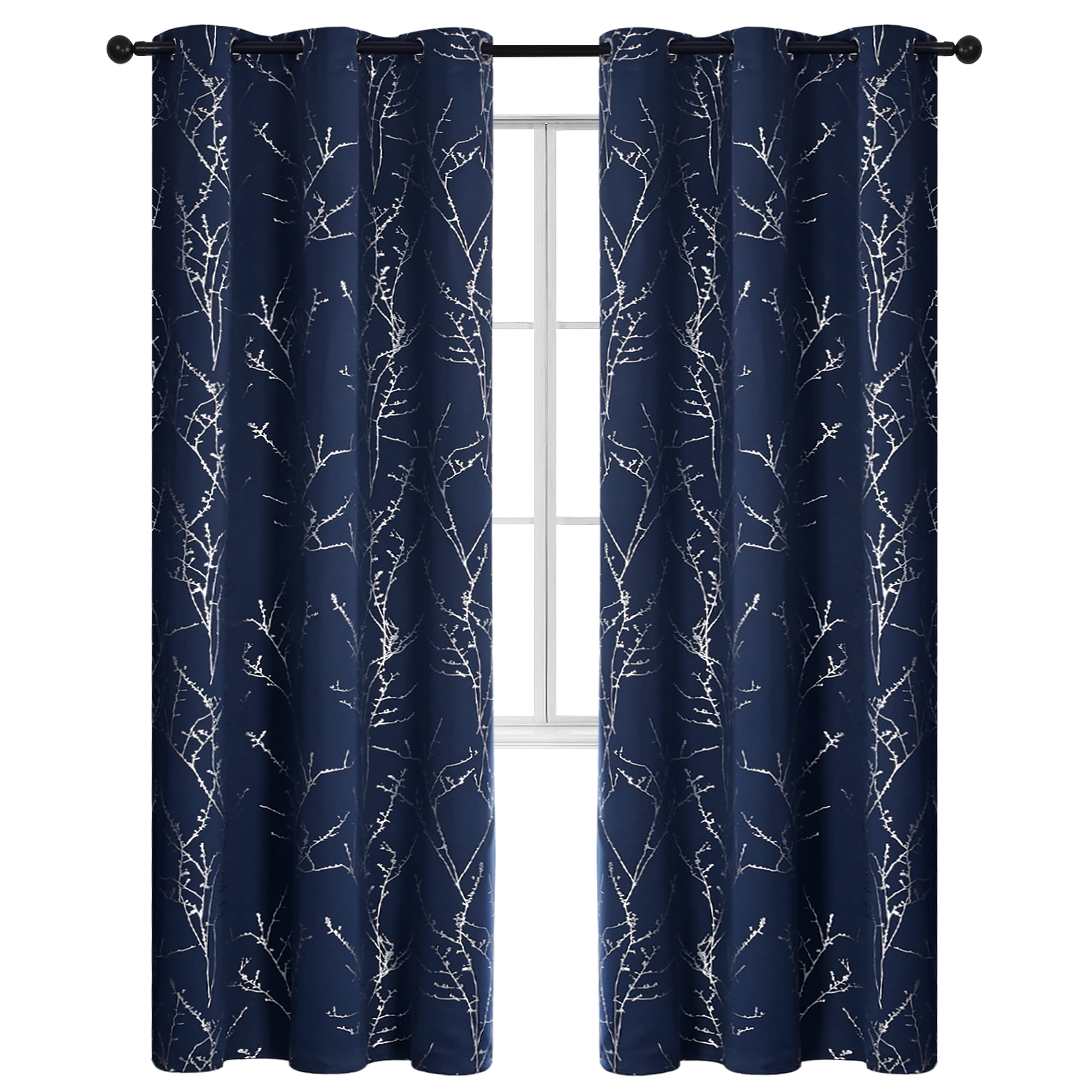 ZOPZO Blackout Curtains, Thermal Insulated, Navy Blue, 42W x 84L Inch, Room Darkening Drapes Tree Branches Pattern for Bedroom Modern Home