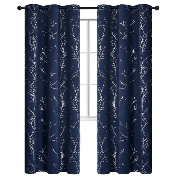 ZOPZO Blackout Curtains, Thermal Insulated, Navy Blue, 42W x 84L Inch, Room Darkening Drapes Tree Branches Pattern for Bedroom Modern Home