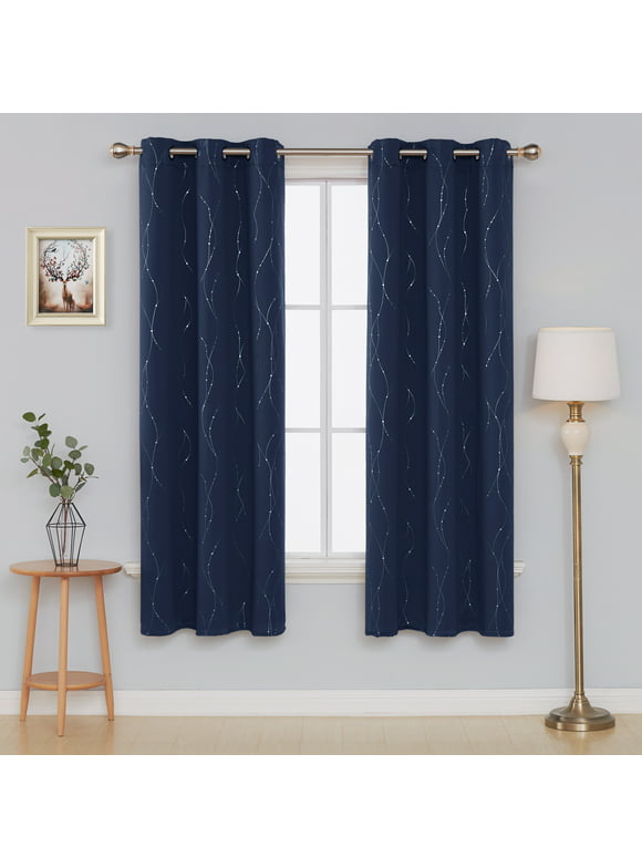 Deconovo Navy Blue Blackout Curtains for Girls Bedroom Thermal Insulated Room Darkening Curtains Drapes, Wave Lines with Dots Pattern (2 Panels, 42" x 72")