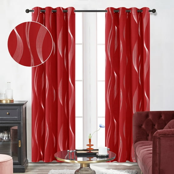 Deconovo New Year Blackout Curtains, Silver Wave Foil Printed, Window Treatment Grommet Curtains (52 x 45 inch, True Red, 2 Panels)