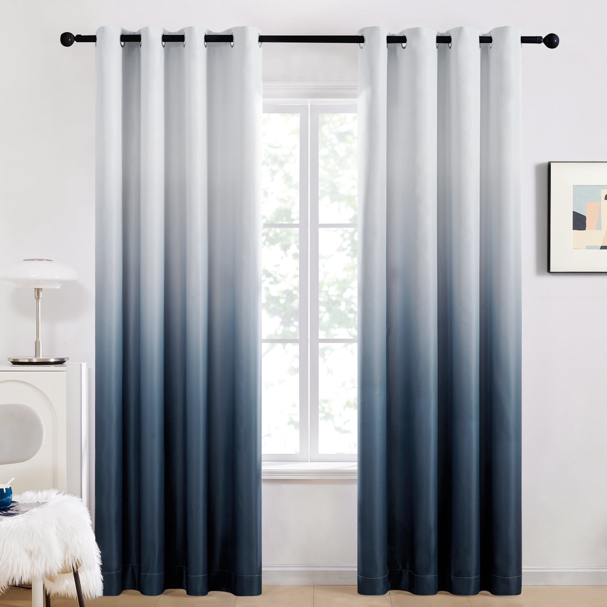 Deconovo Ombre Floral Grommet Blackout Curtains for Bedroom, 52"x84", 2 Panels, White to Stone Blue