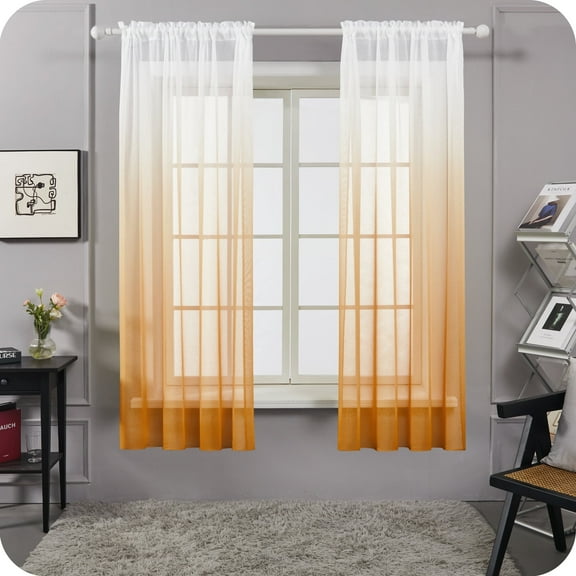 Deconovo Rod Pocket Ombre Voile Curtains, Semi Sheer Window Panels, Orange, 52W x 72L Inch, Set of 2 for Living Room and Bedroom