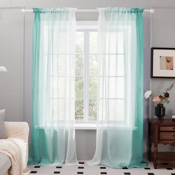 Deconovo Window Curtain Panels Light Filtering Ombre Voile Curtains for Home Decoration 52 x 45 Inch Light Blue 2 Panels