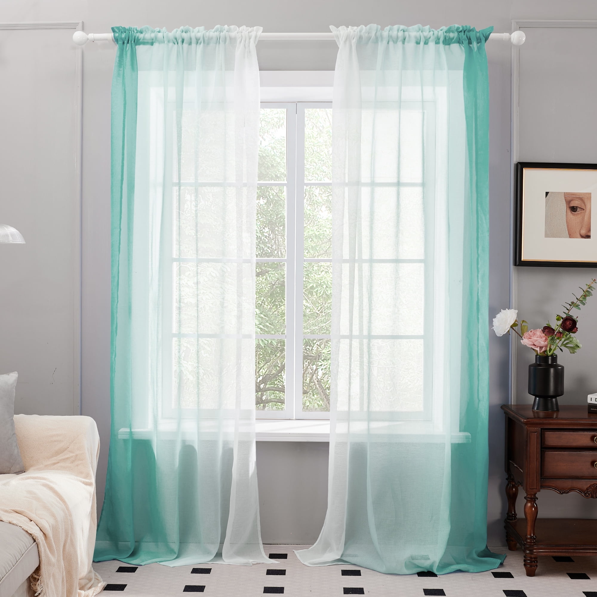 Deconovo Ombre Sheer Curtains, Semi Linen, Rod Pocket, Light Blue, 2 ...
