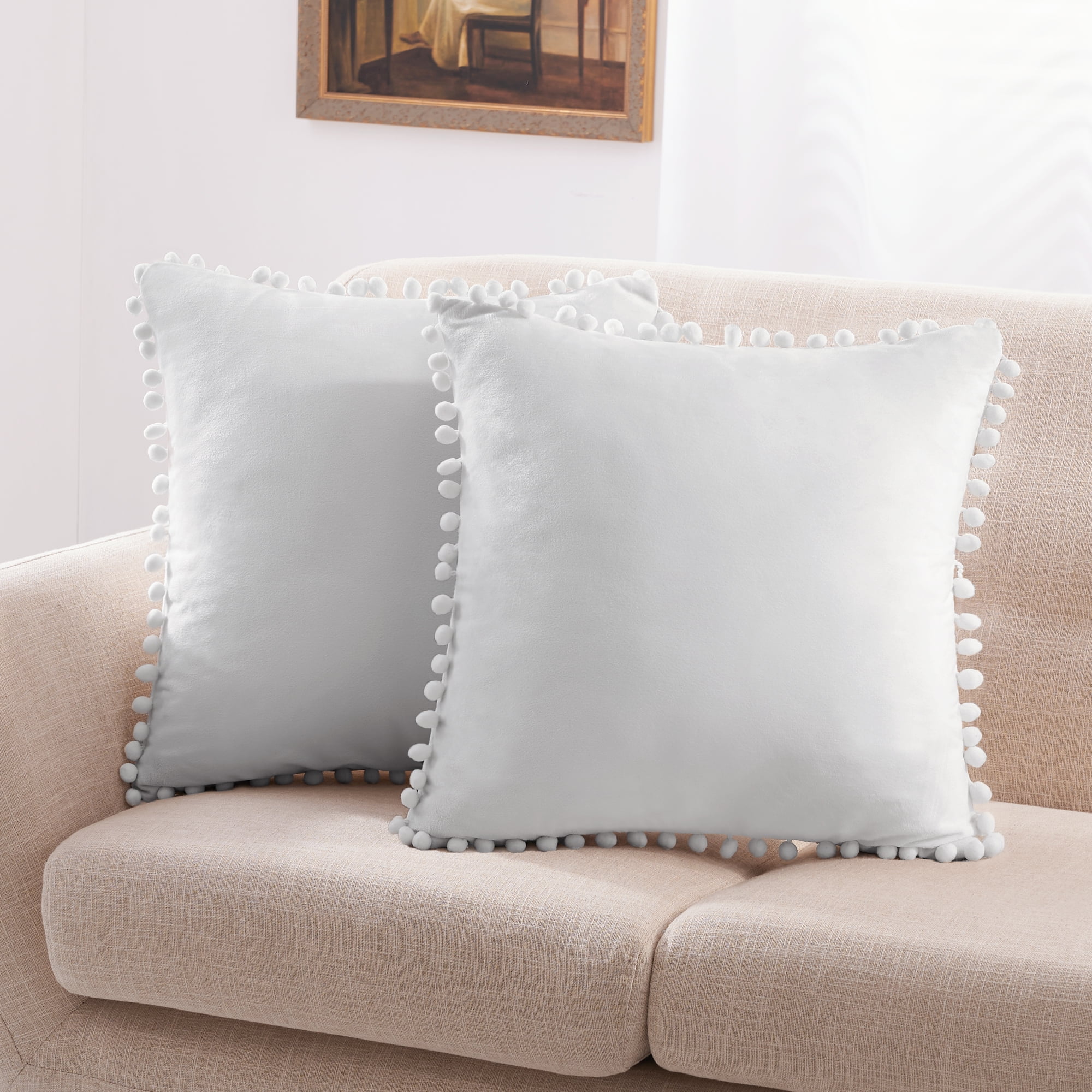 Deconovo Large Sofa Pillow Covers 24x24 Set Square Velvet Decorative Pom  Poms Throw Pillow Covers with Hidden Zipper for Beds, Sofa, Light Khaki,  Pack