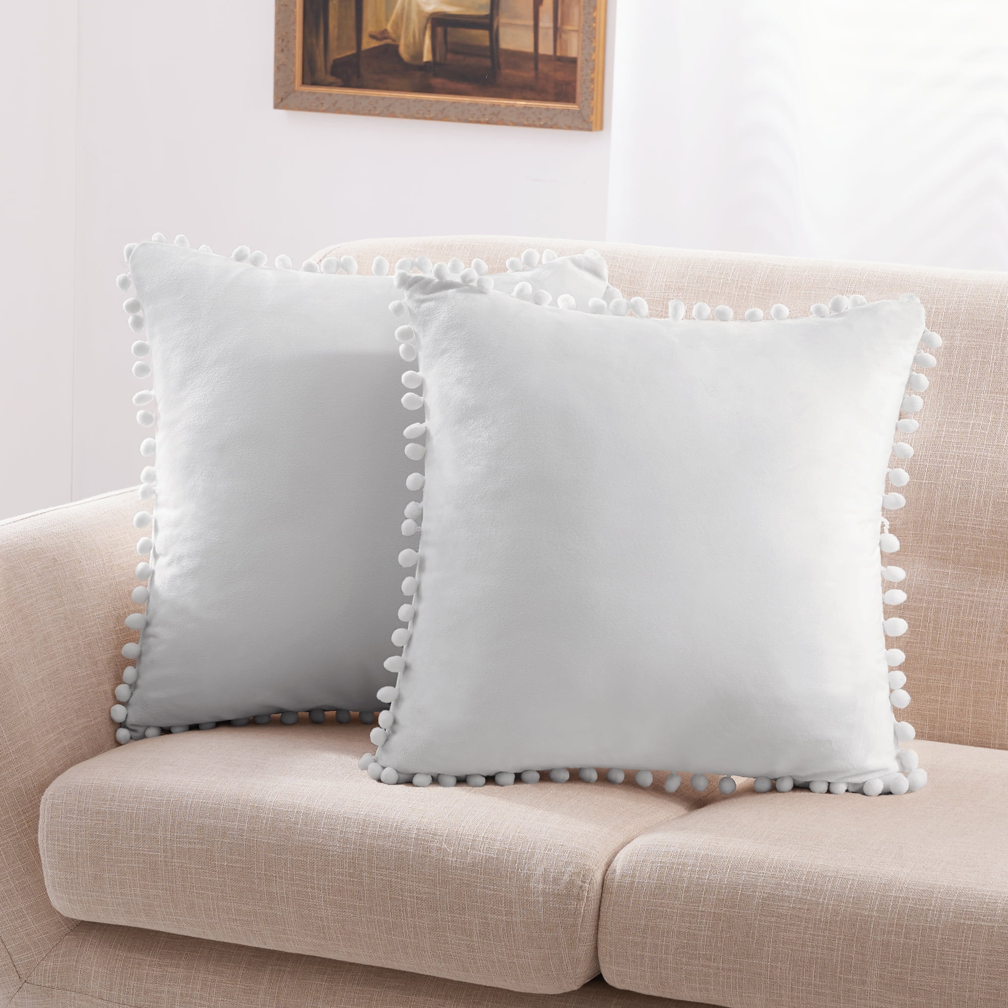 Top Finel Cream White Throw Pillow Covers 20x20 inches Set of 2, Soft  Velvet Couch Pillow Covers with Pom Poms Sofa Pillow Decorative Cushion  Cases