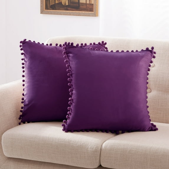 Deconovo Pack of 2 Decorative Throw Pillow Covers with Pom Poms Soft Square Velvet Pillow Case for Couch Sofa Bedroom with Hidden Zipper, 16x16 inch, Eggplant Purple
