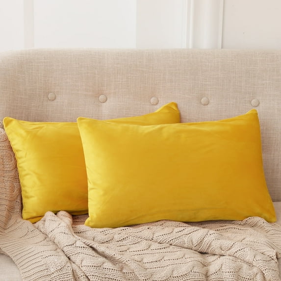 Deconovo Pack of 2 Lumbar Pillow Covers 12x20 Plush Velvet Pillow Covers Soft Rectangle Fall Decor Pillow Cases for Bedding, 12"x 20", Lemon Yellow, 2 Pack