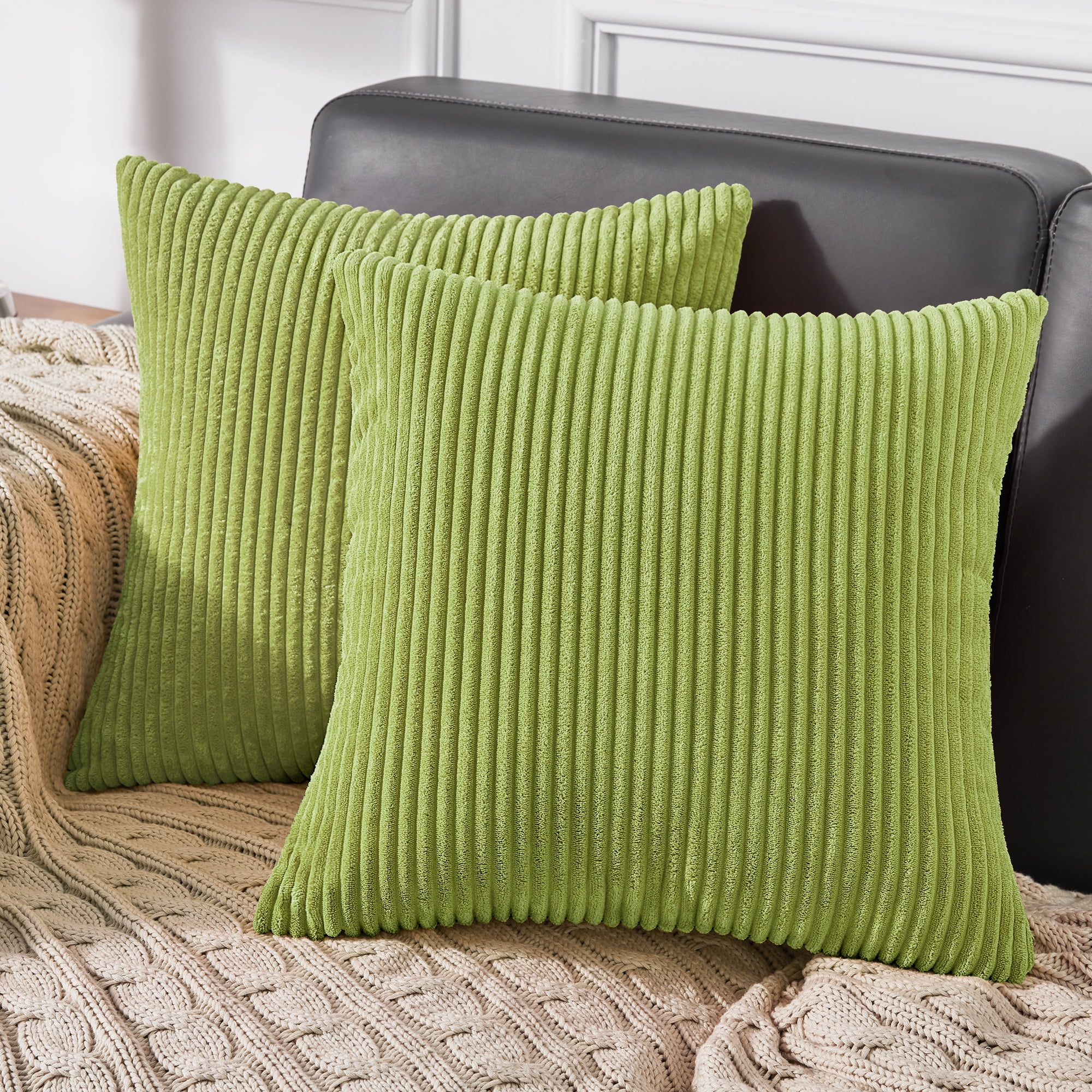Deconovo Pack of 2 Decorative Throw Pillow Covers Corduroy Square Cushion  Cover for Couch Sofa Bed 24 x 24 inch Moss Green 