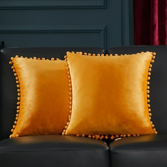 Deconovo Pack of 2 Velvet Decorative Throw Pillow Covers with Pom Poms Square Cushion Case for Couch Sofa Bed 18 x 18 inch Gold