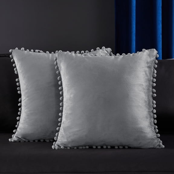 Deconovo Pack of 2 Velvet Decorative Throw Pillow Covers with Pom Poms Square Cushion Case for Couch Sofa Bed 18 x 18 inch Gray