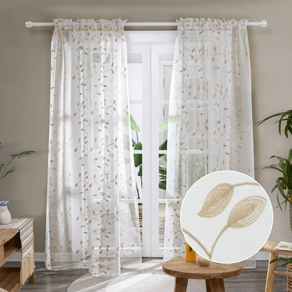 Deconovo Patterned Sheer Curtains 54 inch Length, Floral Leaves Embroidered Voile for Bathroom - 2 Panels, Each 52x54 in, Beige