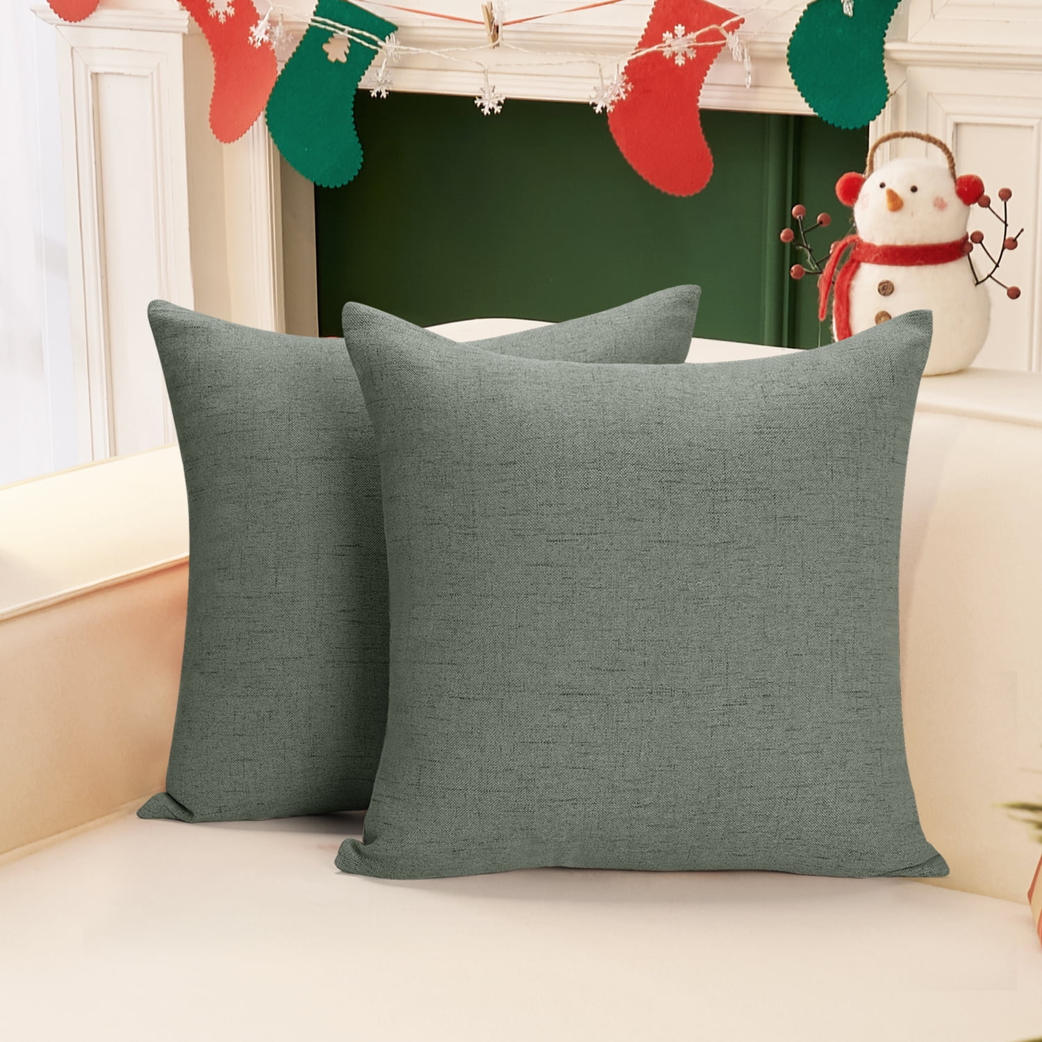 Deconovo Christmas Decorative Pillows Pack of 4 Throw Pillow Covers  Farmhouse Burlap Cushion Cases for Couch Sofa Bedroom 16 x 16 inch Grayish  Green