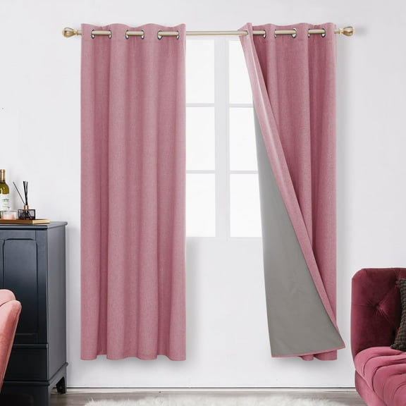 Deconovo 100% Blackout Curtains Thermal Insulated Drapes, Pink, 52W x 72L Inch, Noise Reducing Faux Linen Grommet Panels for Living Room