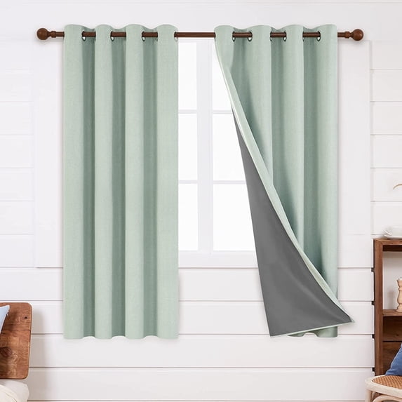Deconovo Solid Grommet Total Blackout Linen Curtains, Thermal Insulated Light-blocking Window Treatments for Bedroom (Light Green, 52" x 63", 2 Panels)