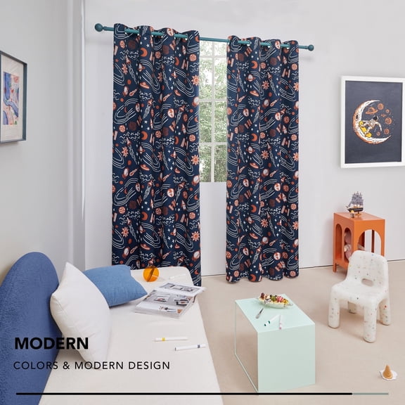 Deconovo Kids Room Darkening Curtains for Bedroom & Nursery, Space Adventure Design, Extra Wide Coverage, 2 Panels, 52 x 63 Inch, Indigo