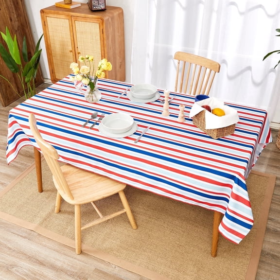 Deconovo Red and Blue Striped Tablecloth, Waterproof Printed Polyester Table Cover for Dining Room, 60 x 120 in, Rectangle, 1 Pack