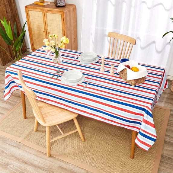 Deconovo Red and Blue Striped Tablecloth, Waterproof Printed Polyester Table Cover for Dining Room, 60 x 120 in, Rectangle, 1 Pack