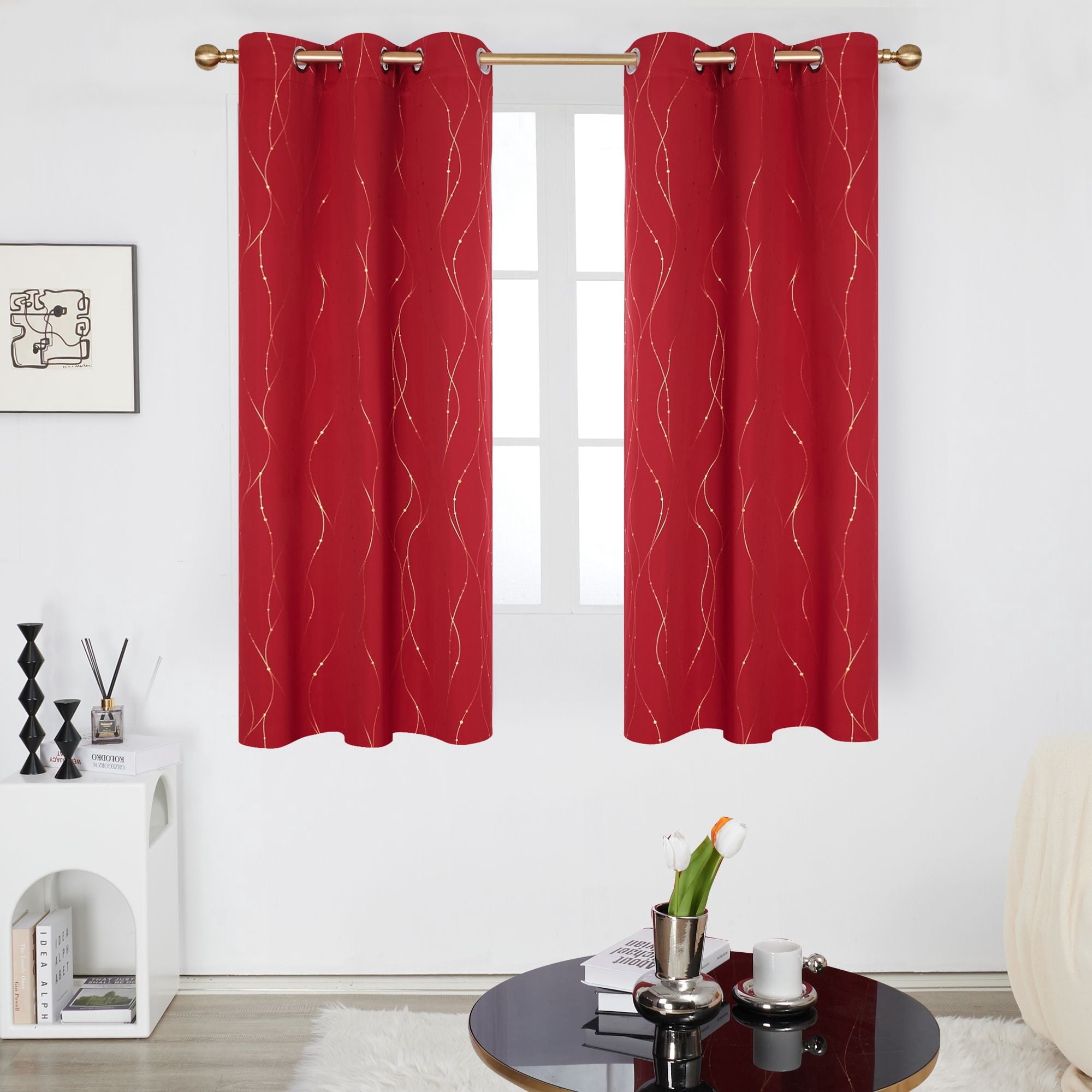 Deconovo Red Blackout Curtains and Drapes Wave Line with Dots Gold Printed Window Treatment Sets Curtains for Bedroom 42 x 54 inch Red 2 Panels