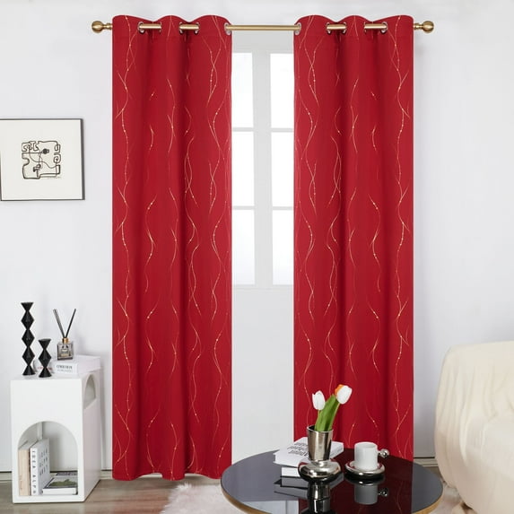Deconovo Red Blackout Curtains and Drapes Wave Line with Dots Gold Printed Window Treatment Sets Curtains for Bedroom 42 x 84 inch Red 2 Panels