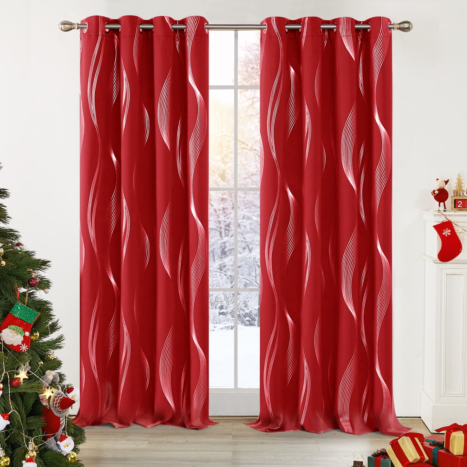 Deconovo Red Blackout Kitchen Curtains, Wave Foil Printed Decorative Curtains, Thermal Insulated ...