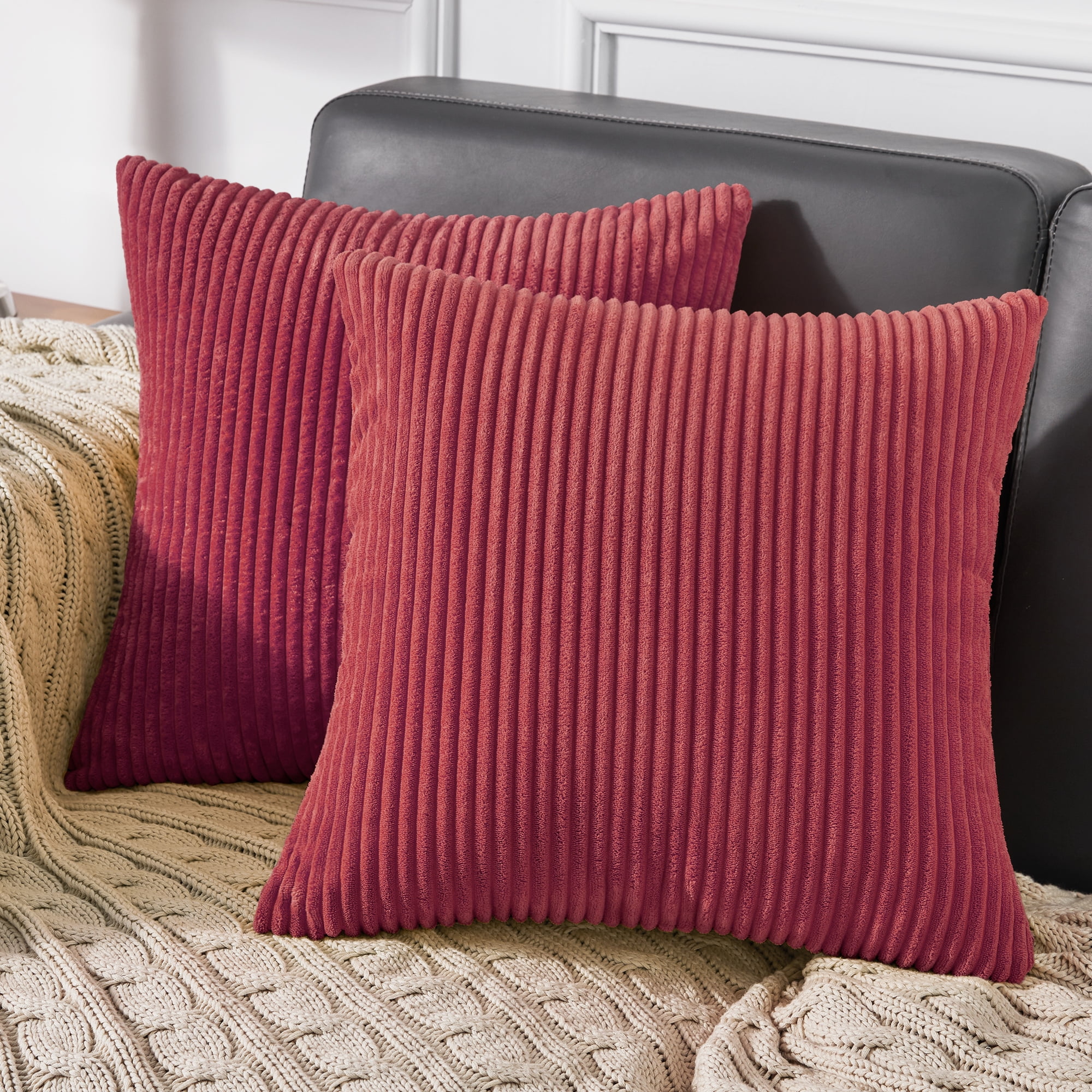 Deconovo Christmas Red Throw Pillow Cover Square Lumbar Pillow Covers Pack of 2 Corduroy Pillowcases for Couch Sofa Bed 22X22 inch Dark Red, Size: 22